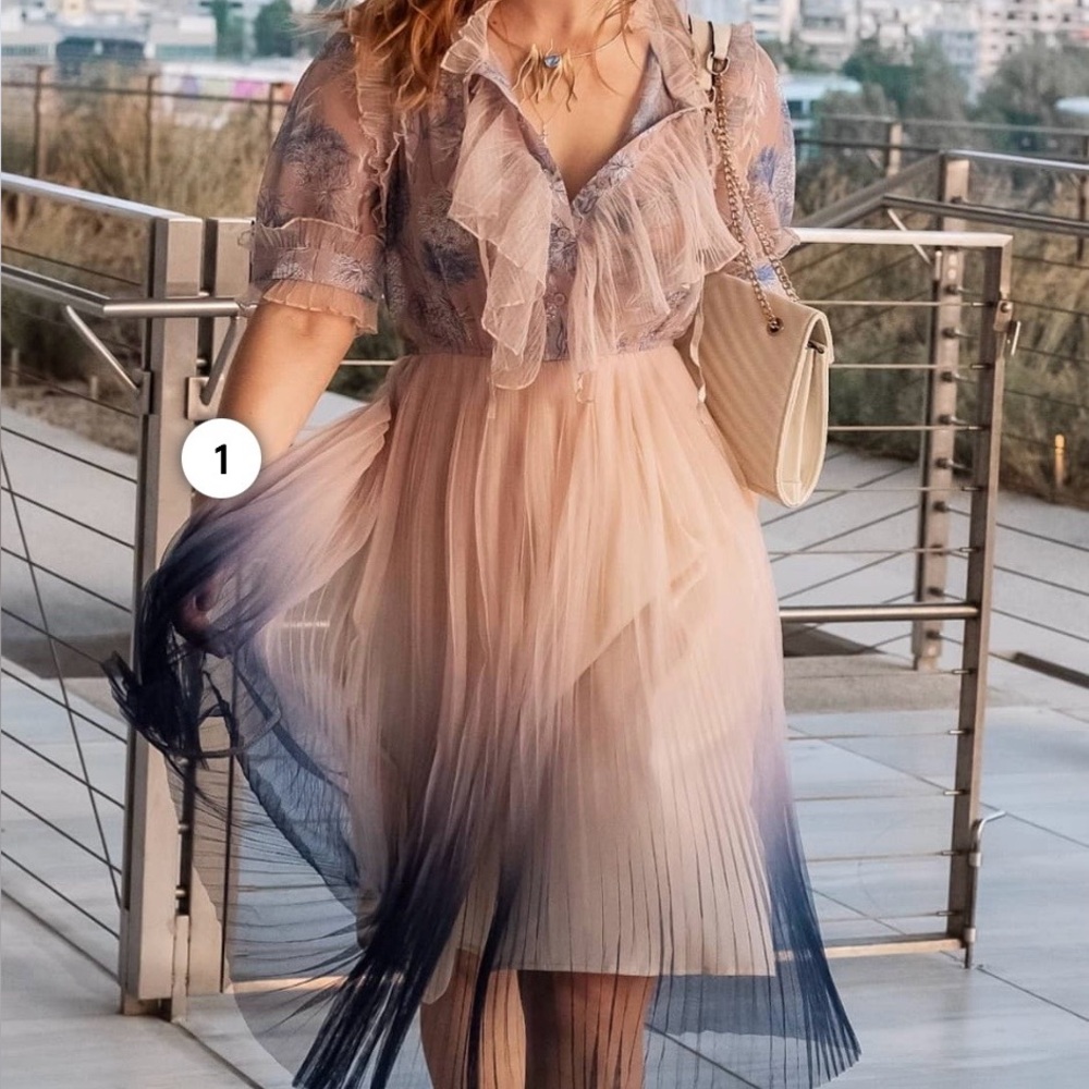 Sheer Ruffle Ombre Midi Dress in Blush and Navy